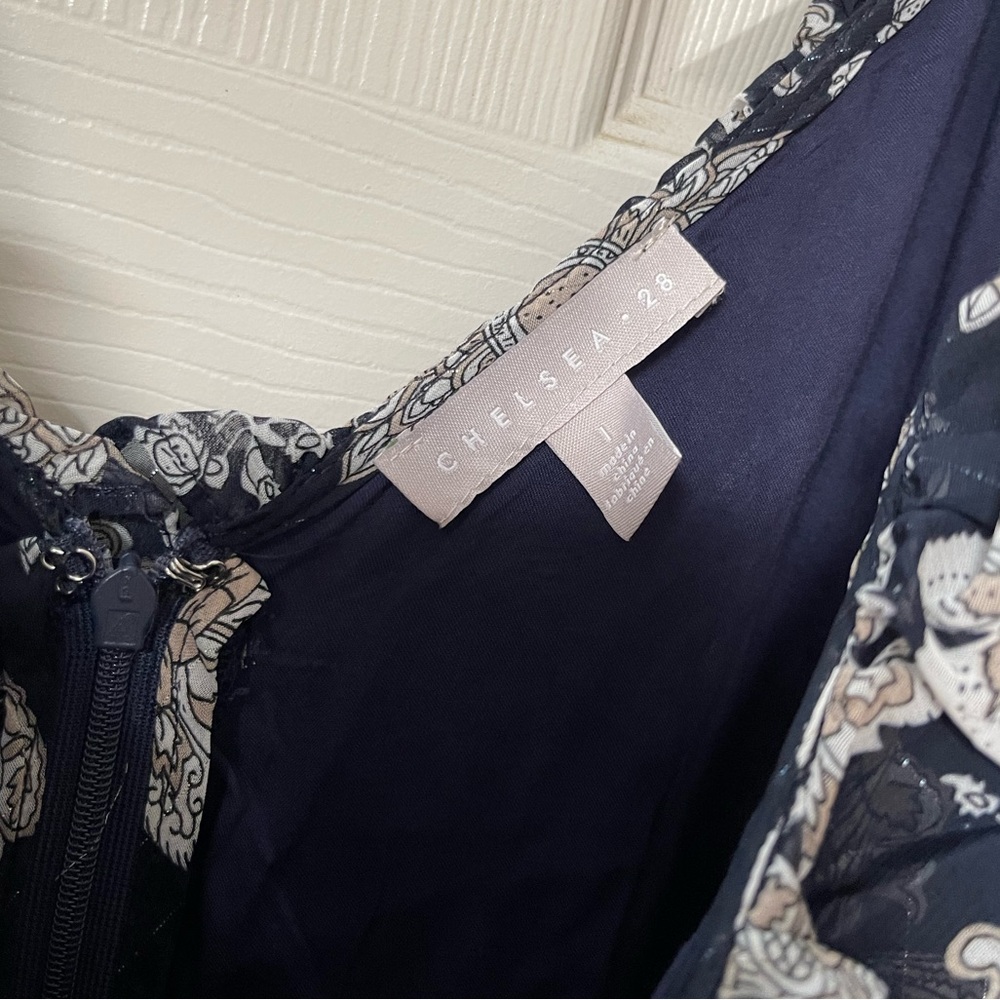 CHELSEA 28 - Spaghetti Strap Navy Paisley Floral Ruffle Mini Dress Size Large - Picture 7 of 7
